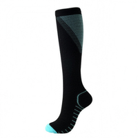 Black knee-high compression sock with blue accents, side view