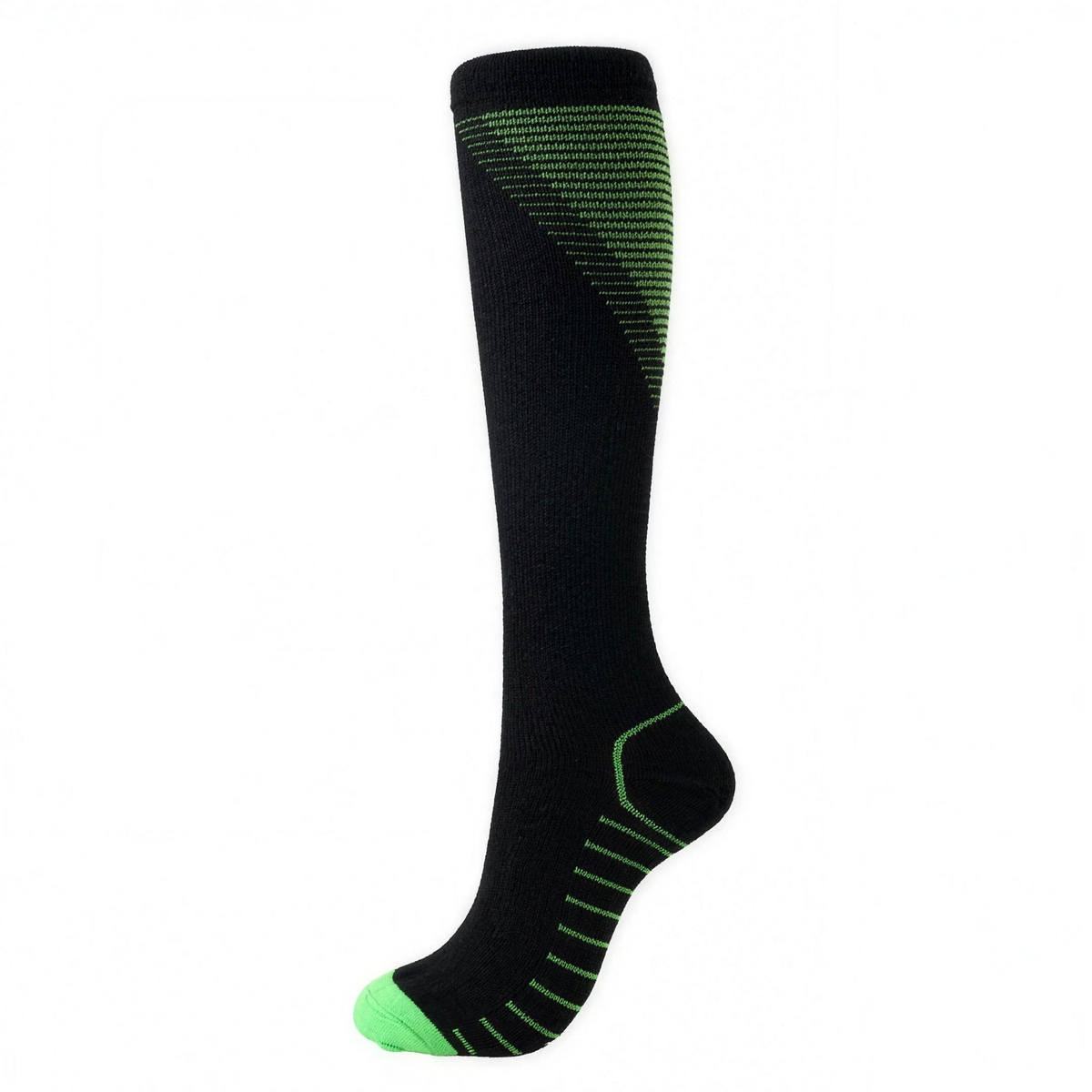 Black knee-high compression sock with green accents, side view