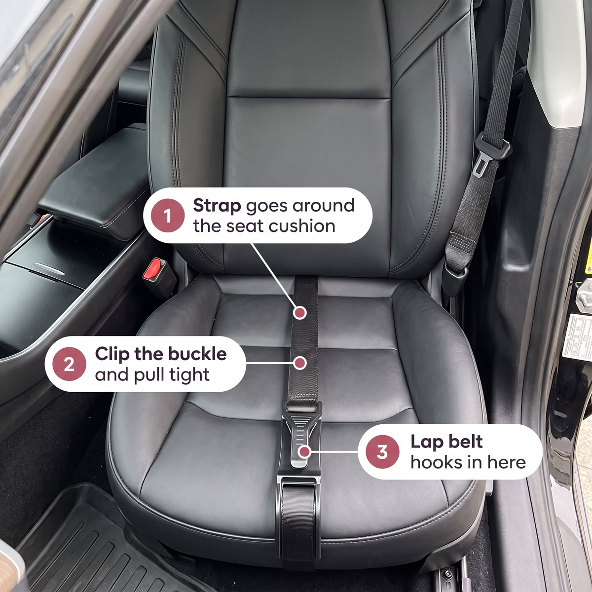 Installs in about a minute: strap around the seat cushion, clip the buckle, hook the lap belt